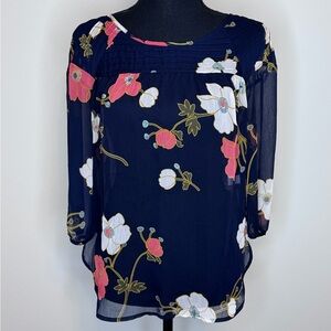 Lauren Conrad Blouse Womens Extra Small Blue Floral 3/4 Sleeve Sheer Lightweight